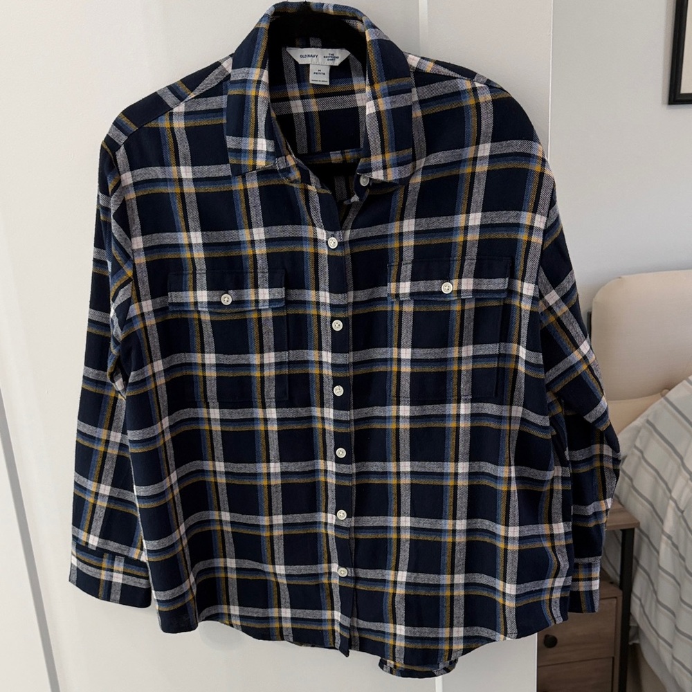 Old Navy Blue and Yellow Plaid Flannel Boyfriend Shirt